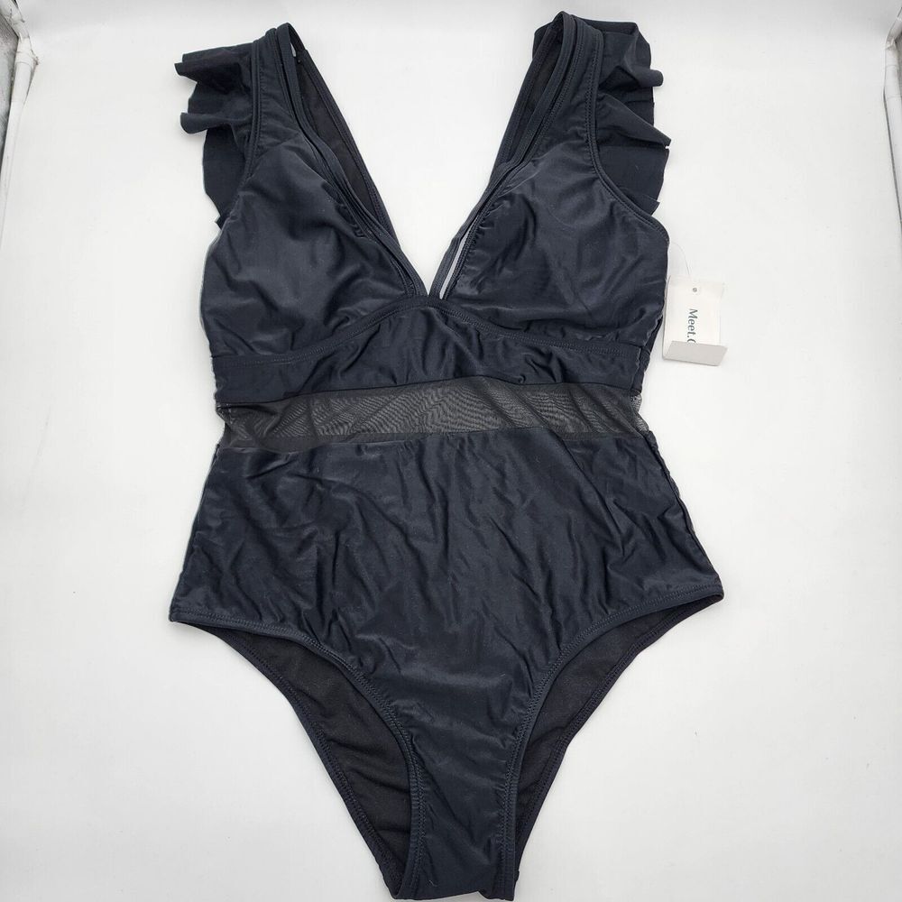 Meet Curve Solid Black Lace Women's One Piece Bathing Suit ‎ Size XL